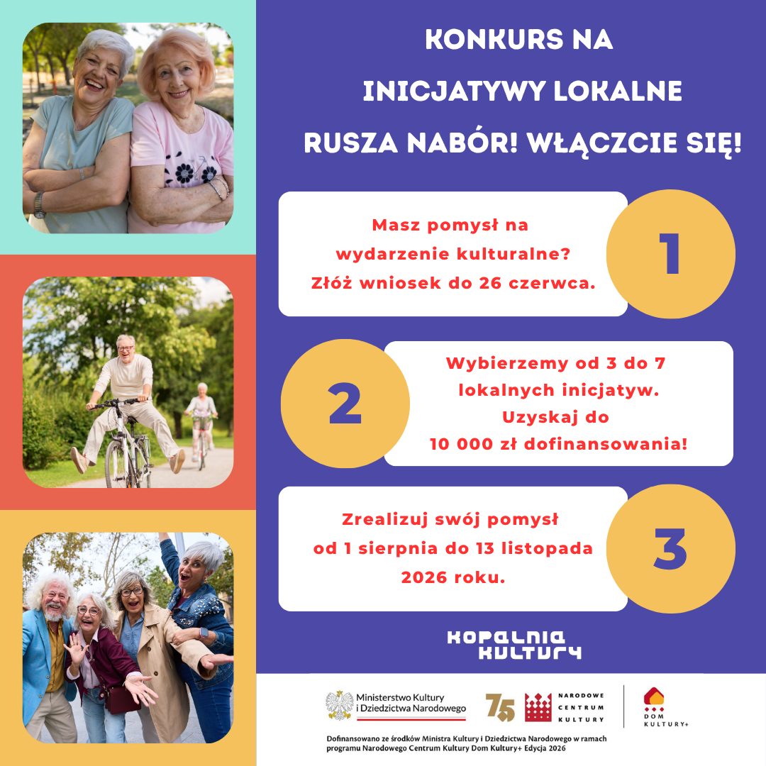 Plakat ze zdjęciami seniorów informujący o konkursie na inicjatywy lokalne